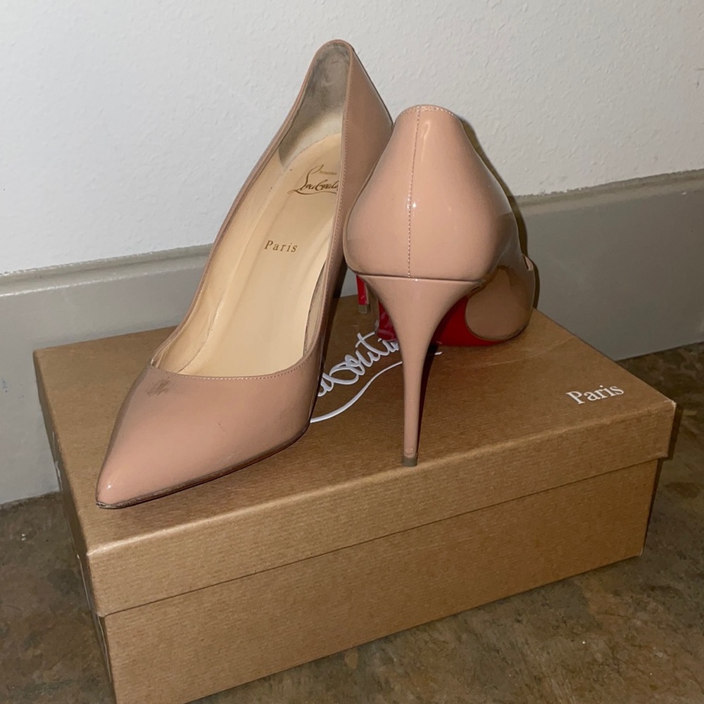 Christian Louboutin Nude Patent Leather Pointed Toe Pumps with Red Soles